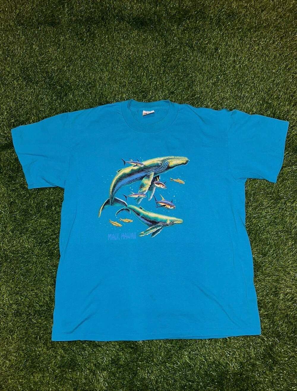 Vintage 90s Oneita Power 50 Maui Hawaii Whale & Fish Graphic Blue T-Shirt XL